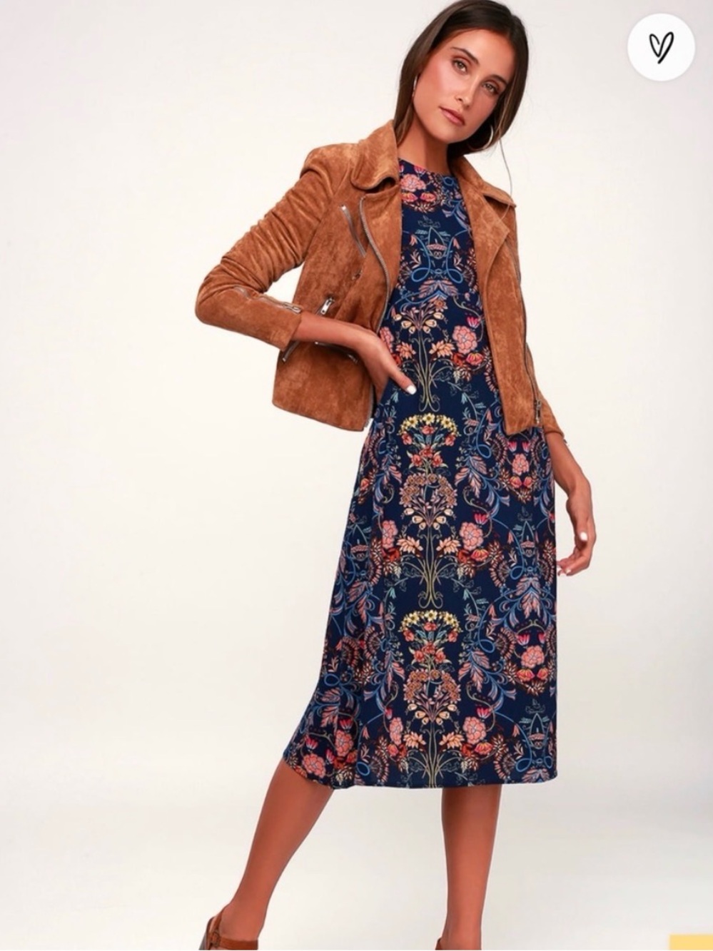 Floral Midi Dress in Navy - Elegant Long Sleeve